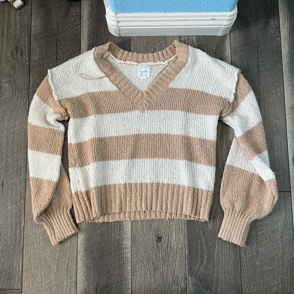 tan and white, v-neck sweater